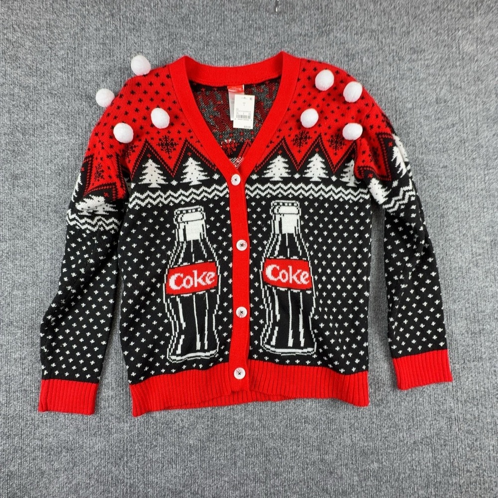 Coca-Cola Cardigan Sweater Womens Small Black Ugly Christmas Coke Bear